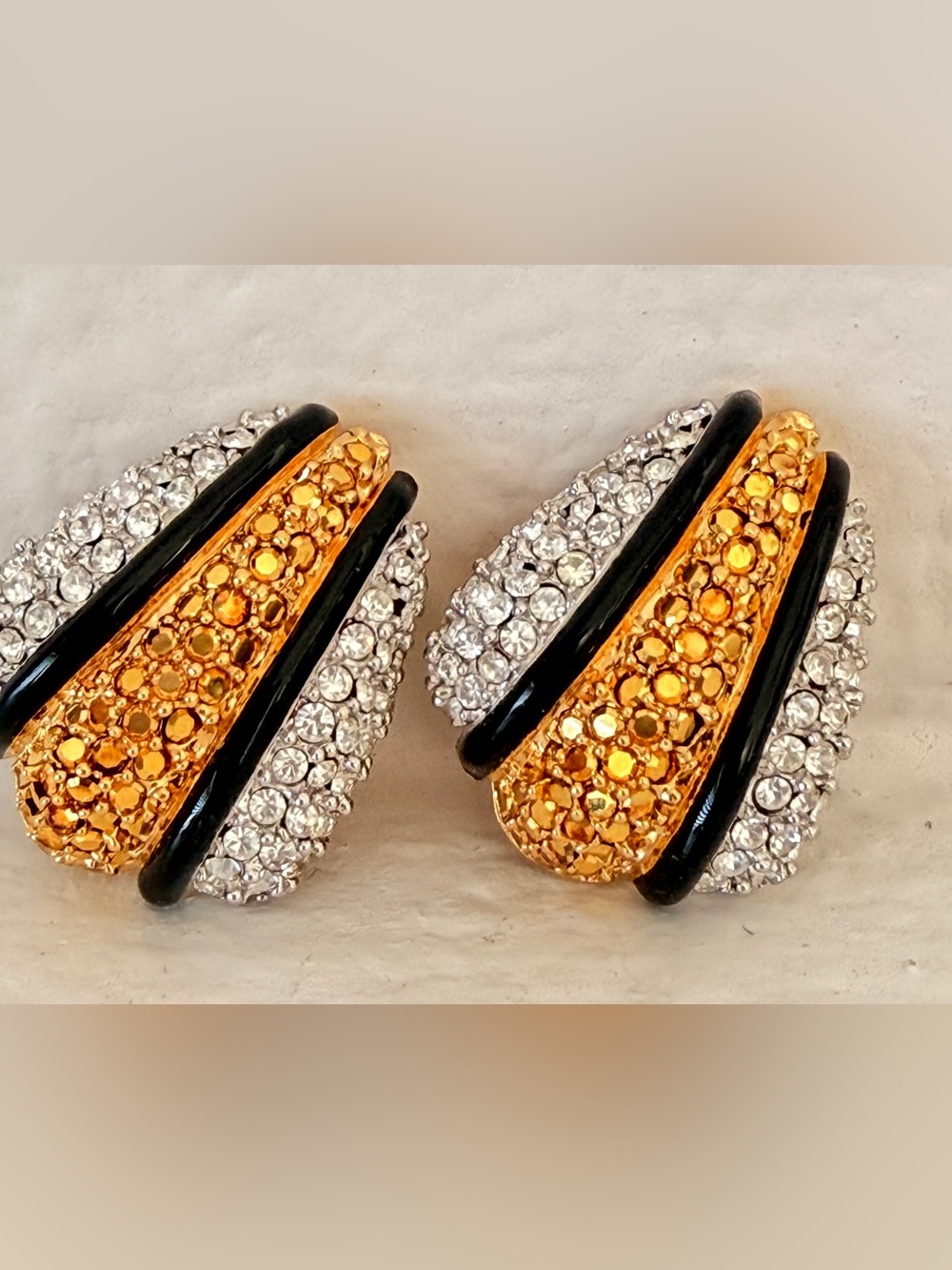 Vintage Signed St. John Clip On Earrings Gold Tone Black Enamel Rhinestone Pave